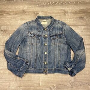 J.Crew Denim Jacket Womens XL Blue Stone Wash Trucker‎ Button Front Cropped Fit